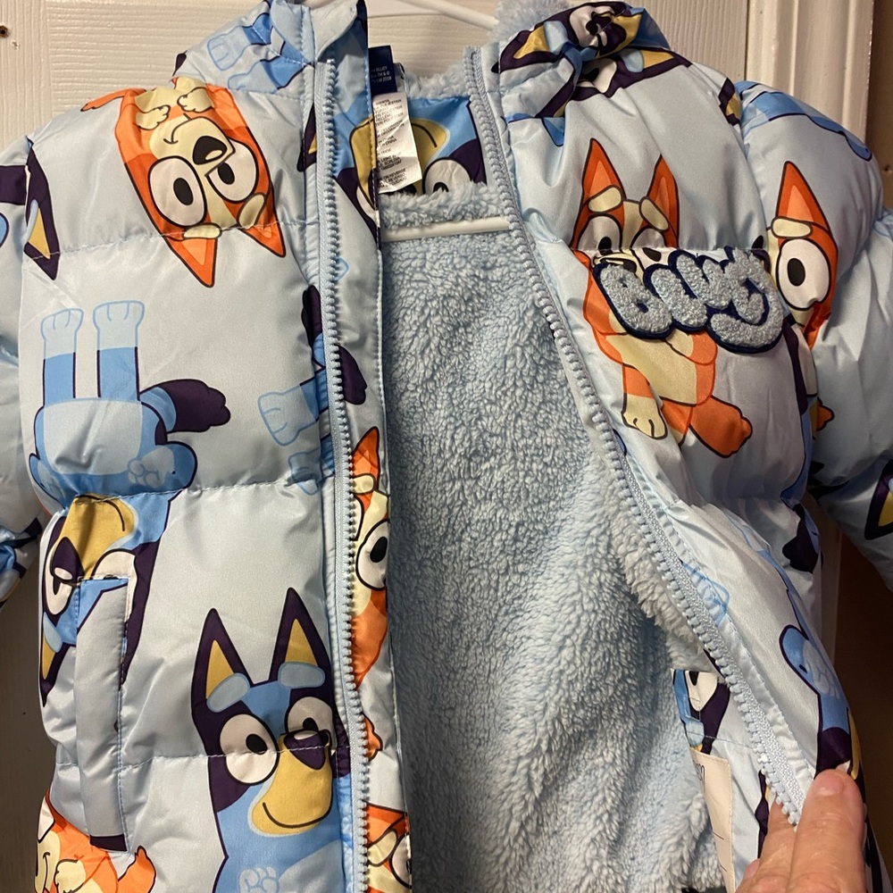 Bluey Puffer Jacket for Kids - Light Blue Printed Hooded Coat - Picture 6 of 7